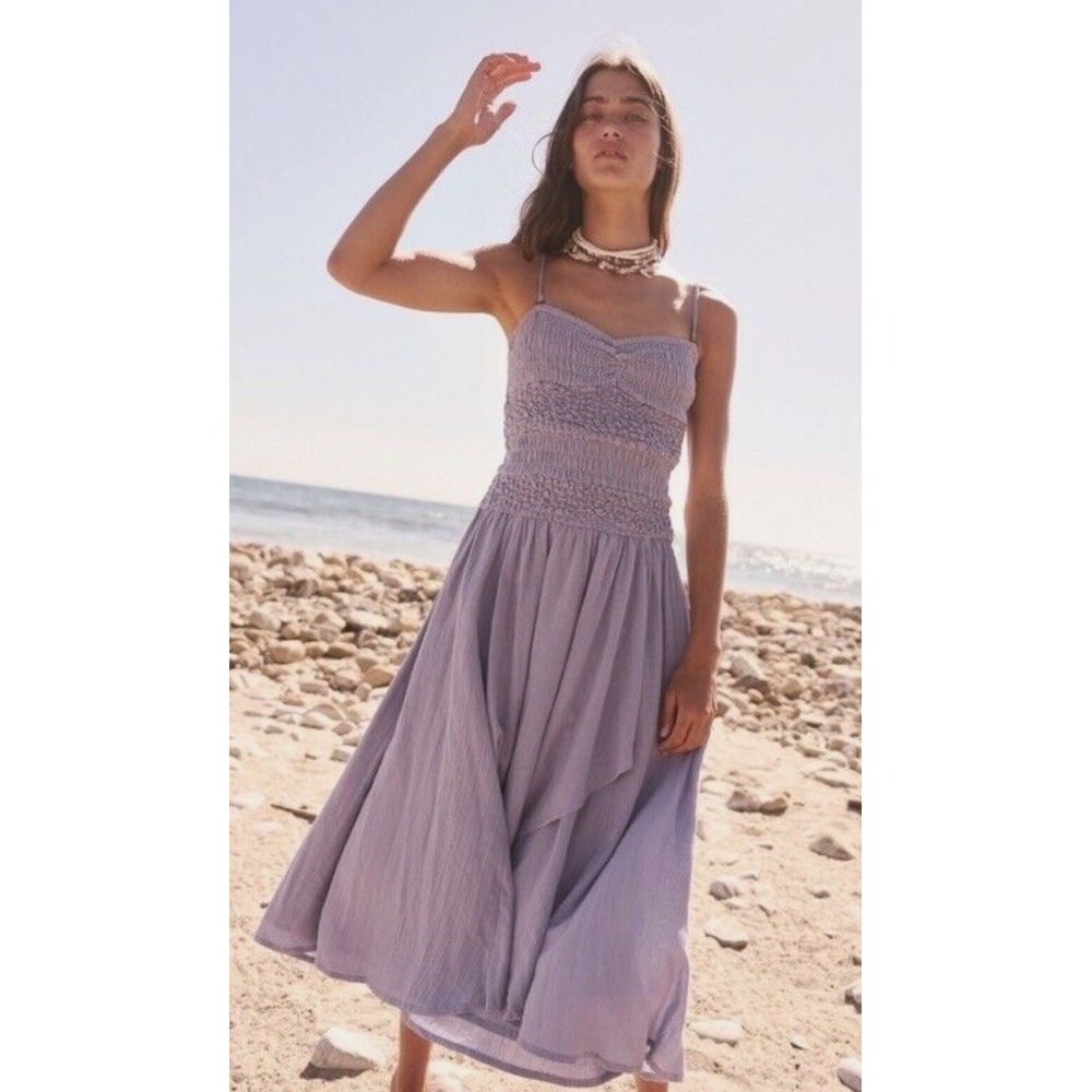 Free People Sparkling Drop Waist Moment‎ Smocked Midi Dress M Boho Beach